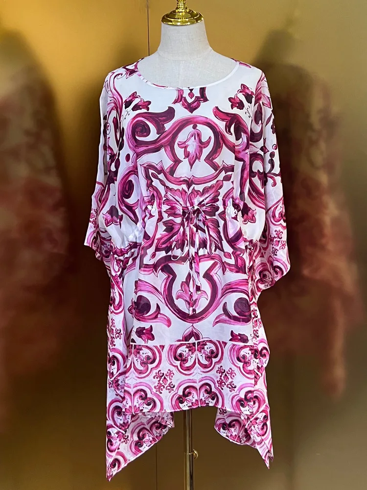 Luxury Designer  Women Summer Print Silk Short Kaftan Dress 2023 Runway Fashion