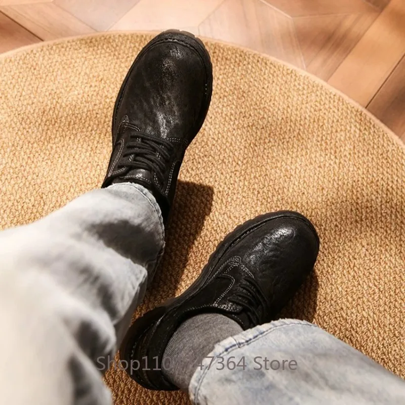 Designer Vintage Cowhide Casual Handmade Shoes Men's Genuine Leather Thick Sole Walking Low Top Work Leather Shoes Male