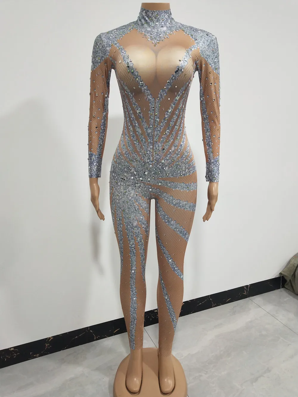 Tuta da donna con strass stampati Sparkly Bar Nightclub Costume da spettacolo teatrale Body di cristallo Festival Party Rave Abbigliamento