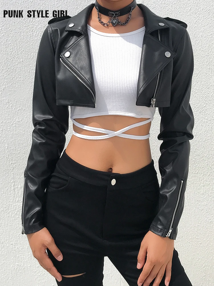 Black PU Leather Crop Jacket Harajuku Hip Hop Street Wear Punk Style Womens Coats Long Sleeve Turn-Down Zipper Short Jackets