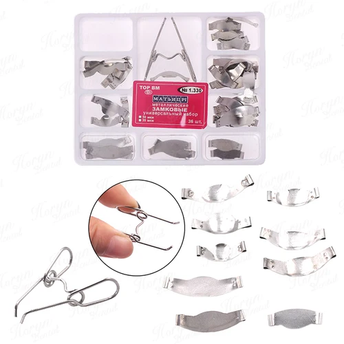 Imagen 2 del producto 36/100 Uds. Matriz de suministros dentales con clip de resorte NO.1.330 matrices metálicas contorneadas seccionales kit completo para reemplazo de dientes