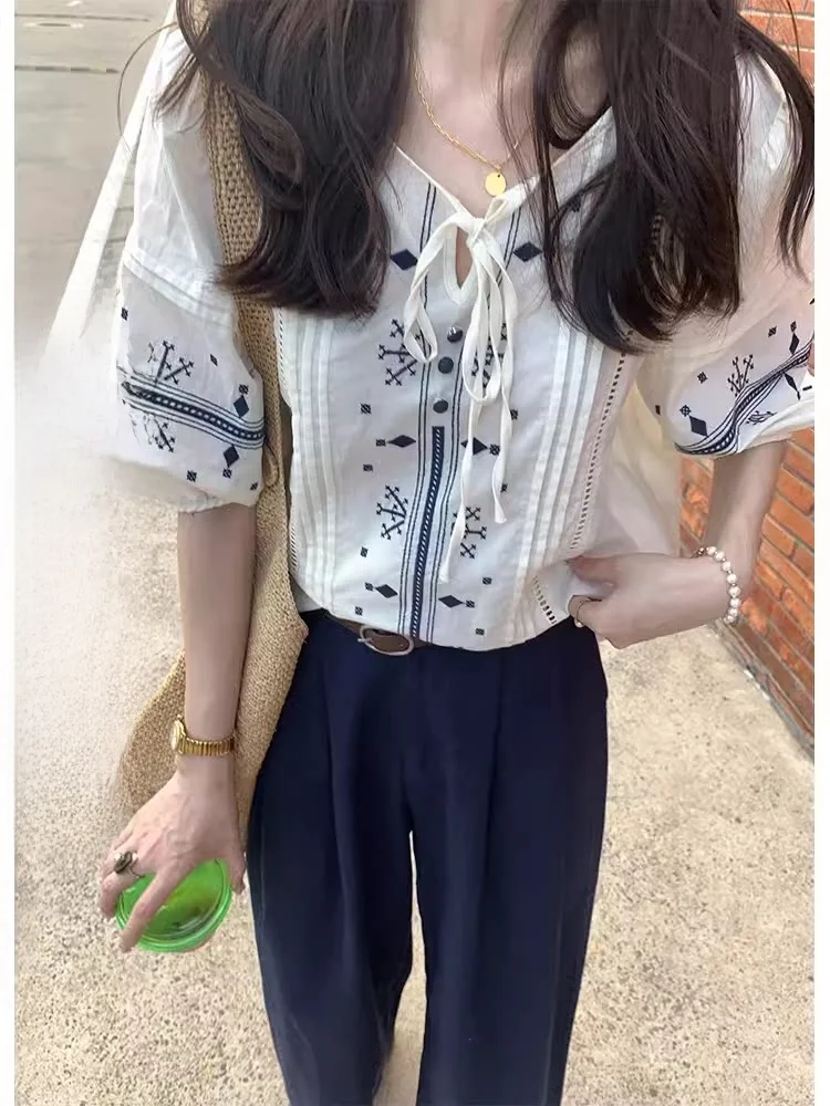 

Miaolab South France Embroidered Pure Cotton Casual irt ort Sve Women's Faion Loose Fit Summer Cool Feeling Top