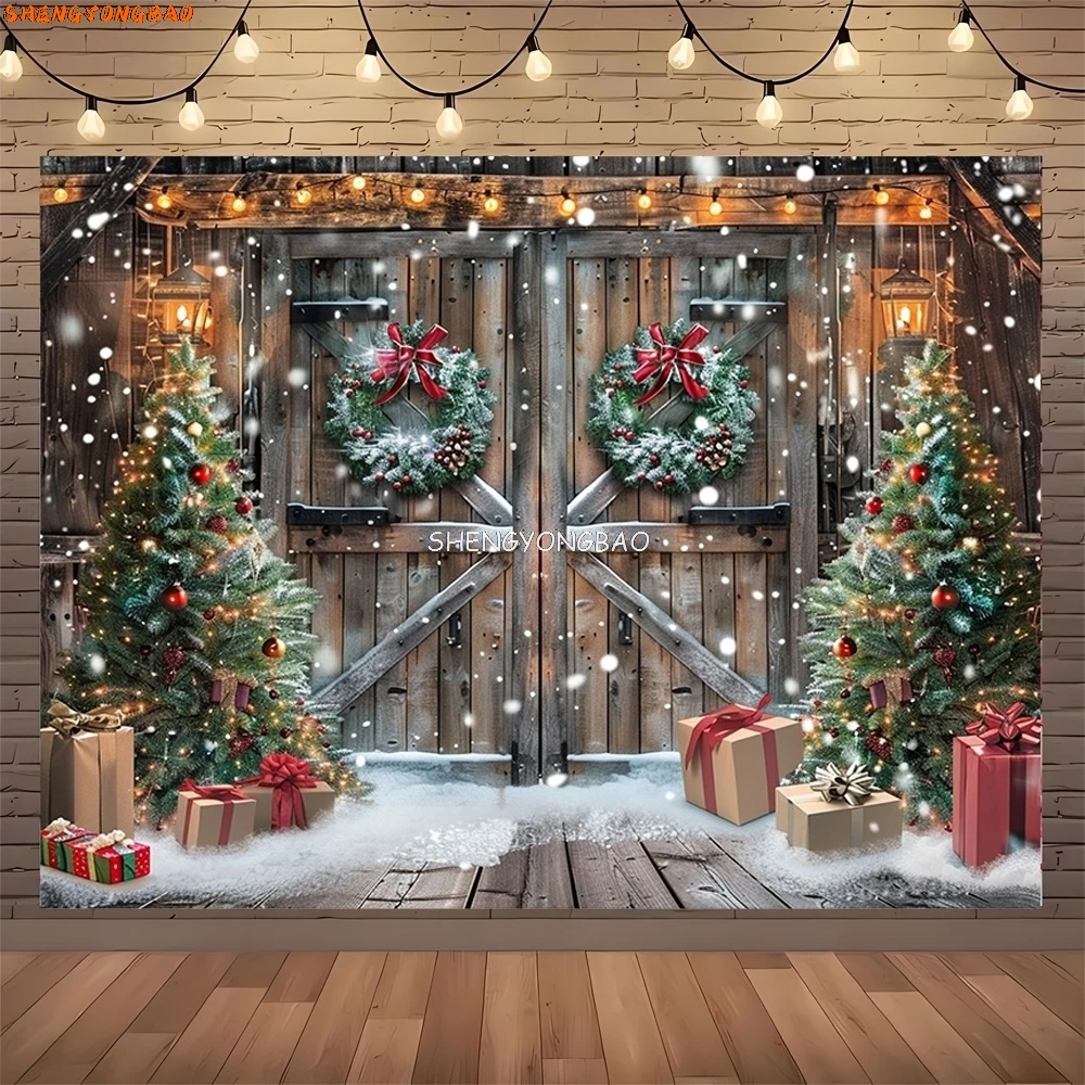 크리스마스 트리 선물 상자 사진 배경, 겨울 눈 장식, 나무 문짝 벽난로 방 배경 소품 WR-01