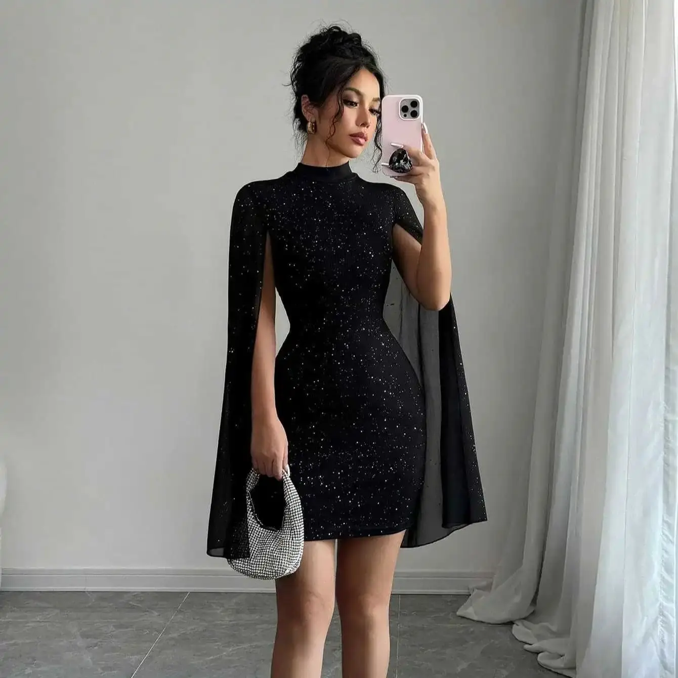 Elegantes Strick-Minikleid für Damen, Fliegenärmel, sexy Pailletten, Club, Party, Abend, Strickkleider, siehe Urlaub, lässige, schicke Kleider, Frühling