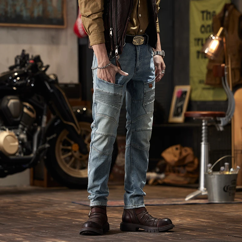 2024 New Retro Nostalgic Stitching Motorcycle Jeans Men's Slim Fit Skinny Elastic Trend Skinny Trousers