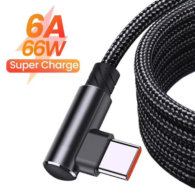 6A 66W Type C USB Fast Charging Cable for Huawei Xiaomi 14 Redmi Honor OPPO Realme POCO 90 Degree Elbow Charger Cable for Gaming