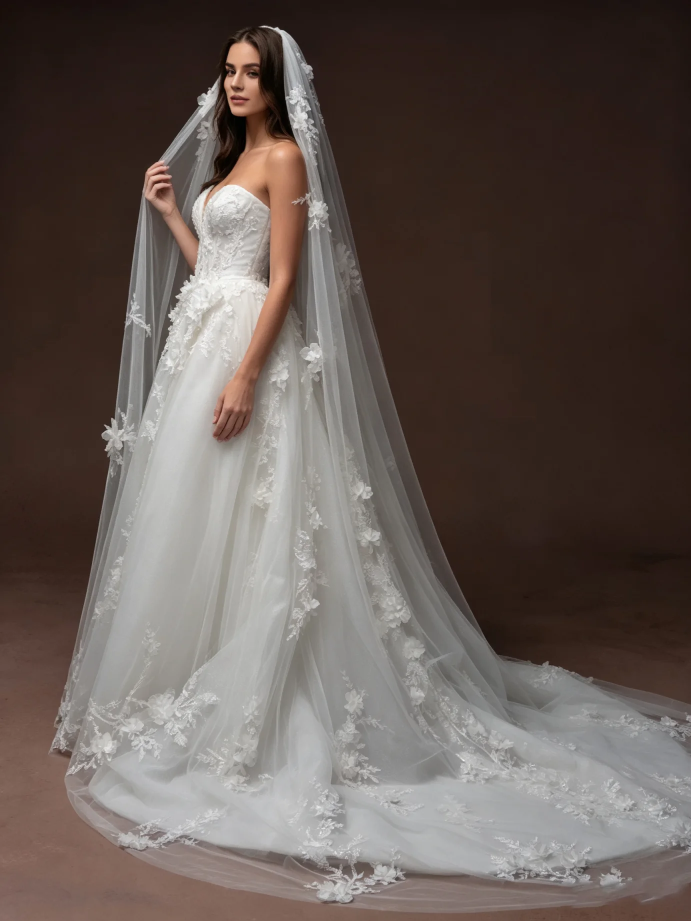 Charming Bridal Veil 3D Floral Lace Appliques Long Train Style for High-End Bridal Events & Formal Wedding Ceremonies Customized