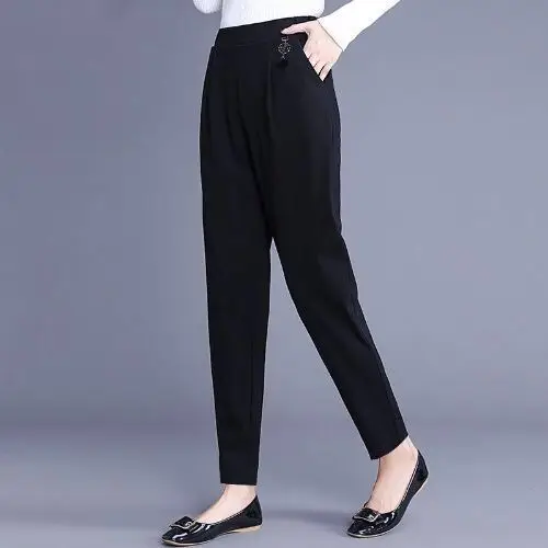 

Свободные женские повседневные брюки прямого кроя в полоску, черные, весна-лето, тонкие, с высокой талией, в корейском стиле, для офиса, из полиэстера