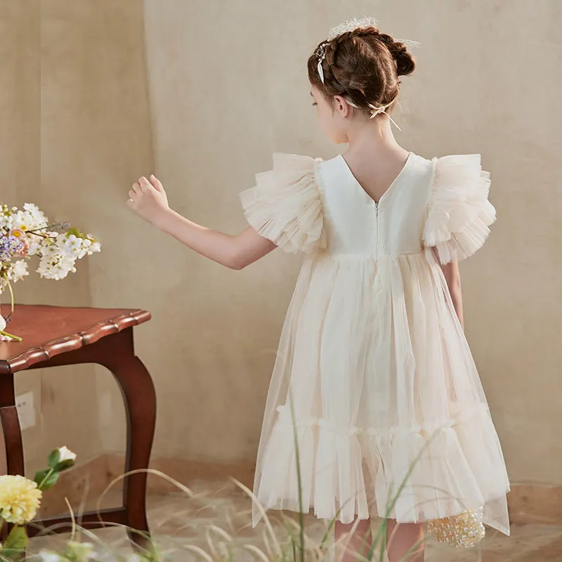 Robe de Soirée de Mariage pour Fille, Tenue Tendance, Couleur Champagne, Maille, Manches à Volants, Costume pour Bébé de 4, 5, 7, 9, 11 ans, Été 2024