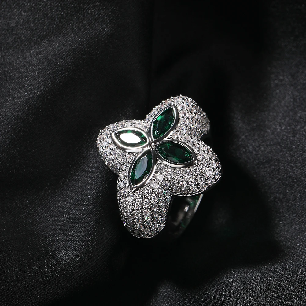 THE BLING KING Clover Flower Rings Micro Paved Out Green Cubic Zirconia Punk Ring Hiphop Jewelry For Men Women Party Gift
