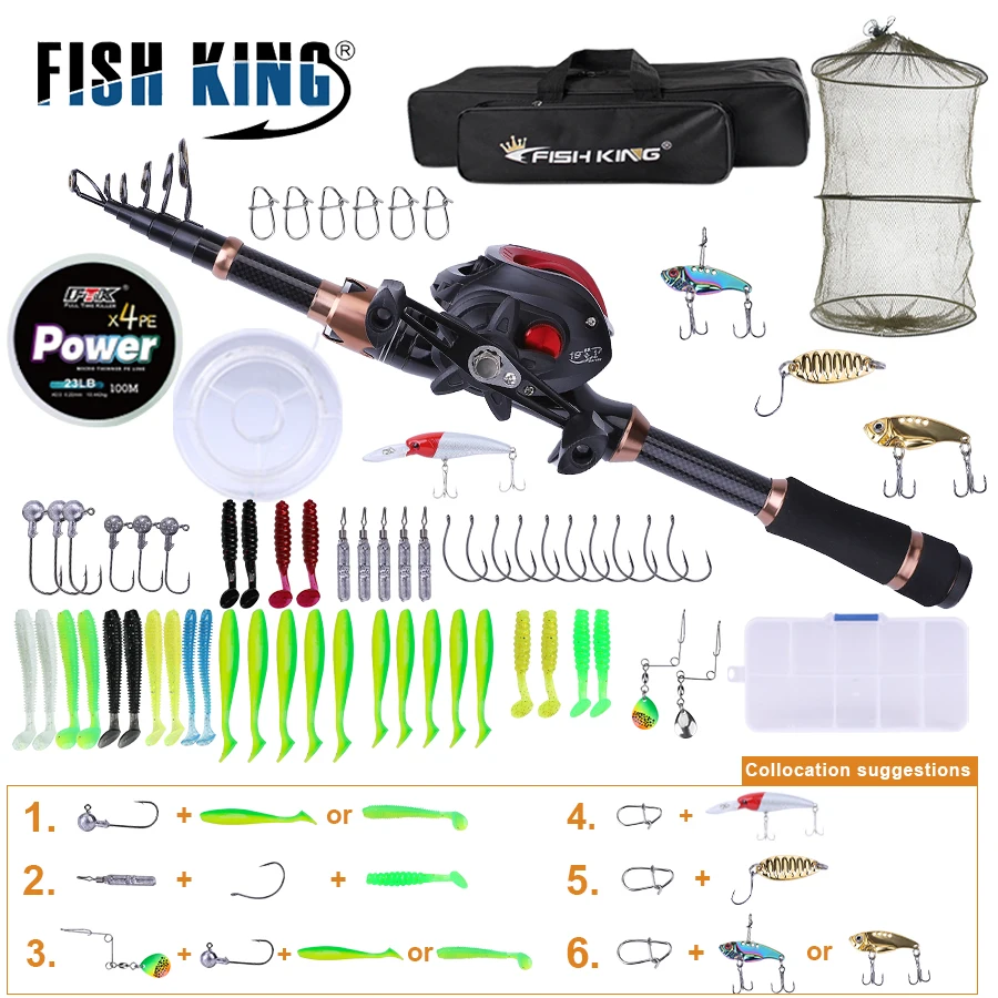 

FISH KING Baitcasting Lure Rod Sets 1.5m/1.8m/2.1m Carbon Fiber Telescopic Fishing Rod Reel Combo With Line Freshwater Lure Kit