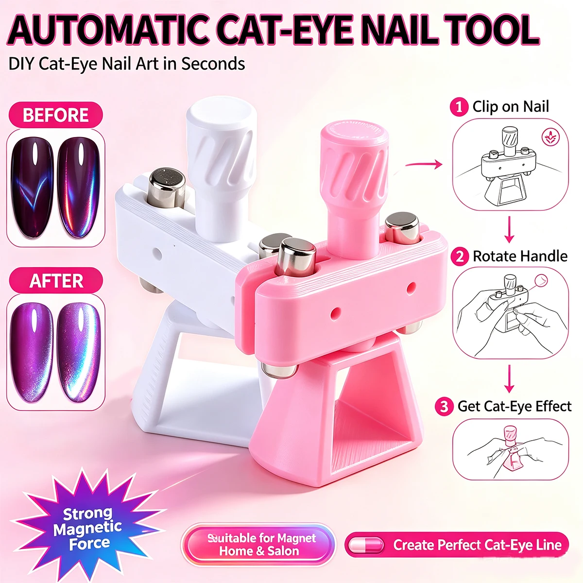 Rotating Magnetic Tool for Nail Art; Detachable Magnet; Creates Cat-Eye Nail Designs; Suitable for Home DIY and Professional Nai