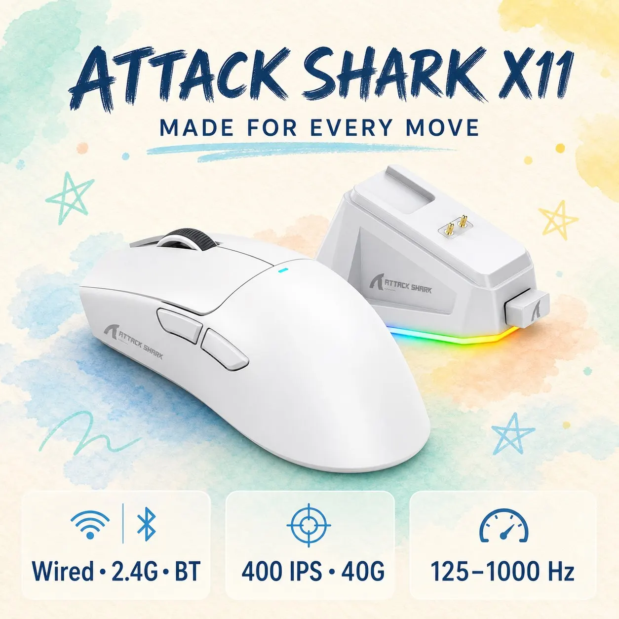 Mouse Gamer Leve ATTACK SHARK X11 Tri-Mode, Carregamento Magnético Rápido, PAW3311, 22000DPI, 400IPS, 40G e Broadcom BK3633 Master