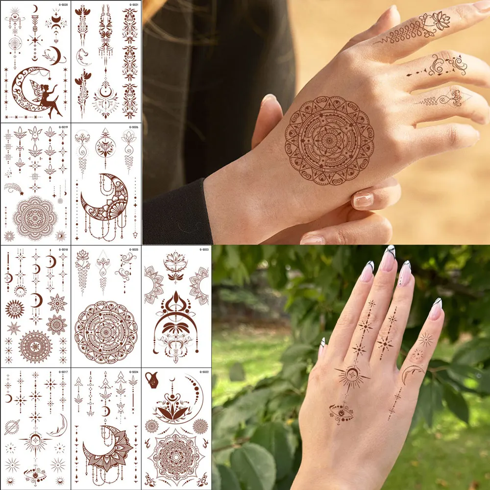 

10pcs Small Size Henna Tattoo Stickers For Women, Moon, Sheep, Flower Pattern Fake Temporary Tattoo Waterproof For Body Art