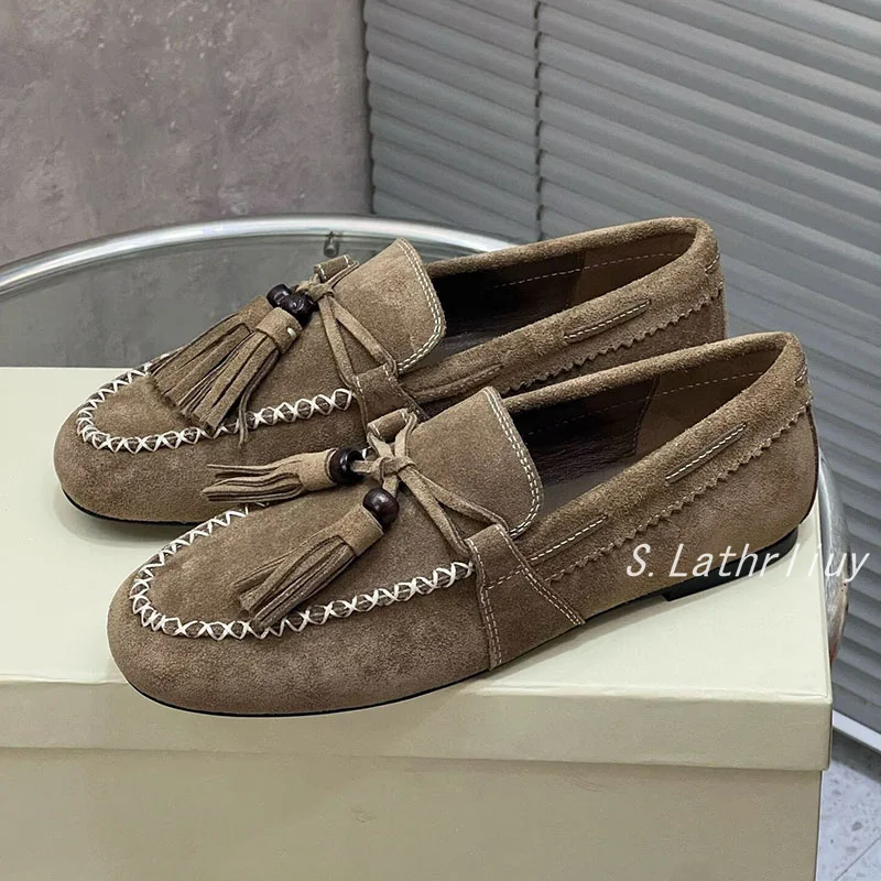 New Spring Round Toe Tassel Design Flat Shoes Women's Genuine Leather Loafers Comfortable Casual Versatile Fashion Single Shoes