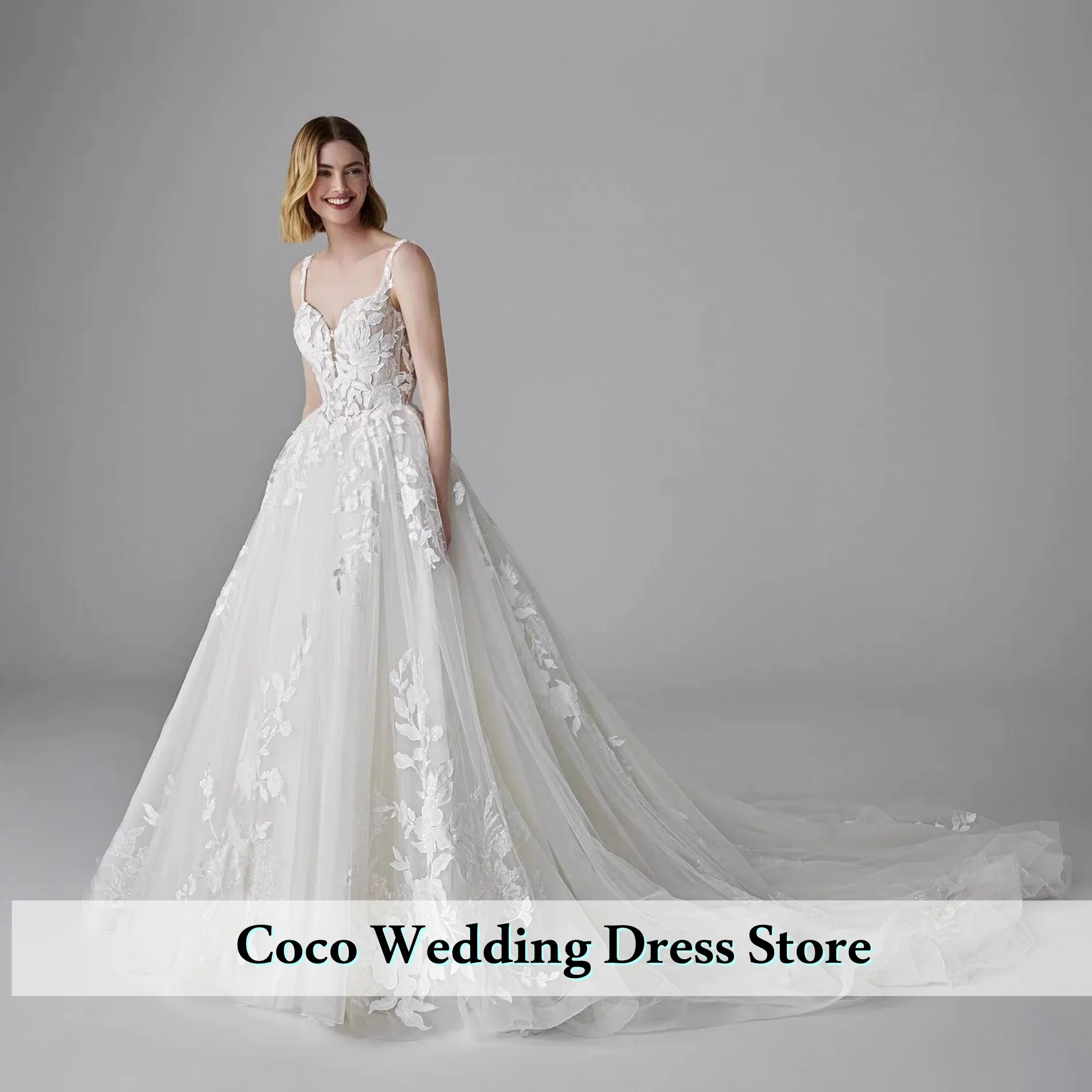 

Customized Luxury A-Line Exquisite Wedding Dress Applique Bride Dress Sweetheart Spaghetti Straps Gowns Vestidos De Novia