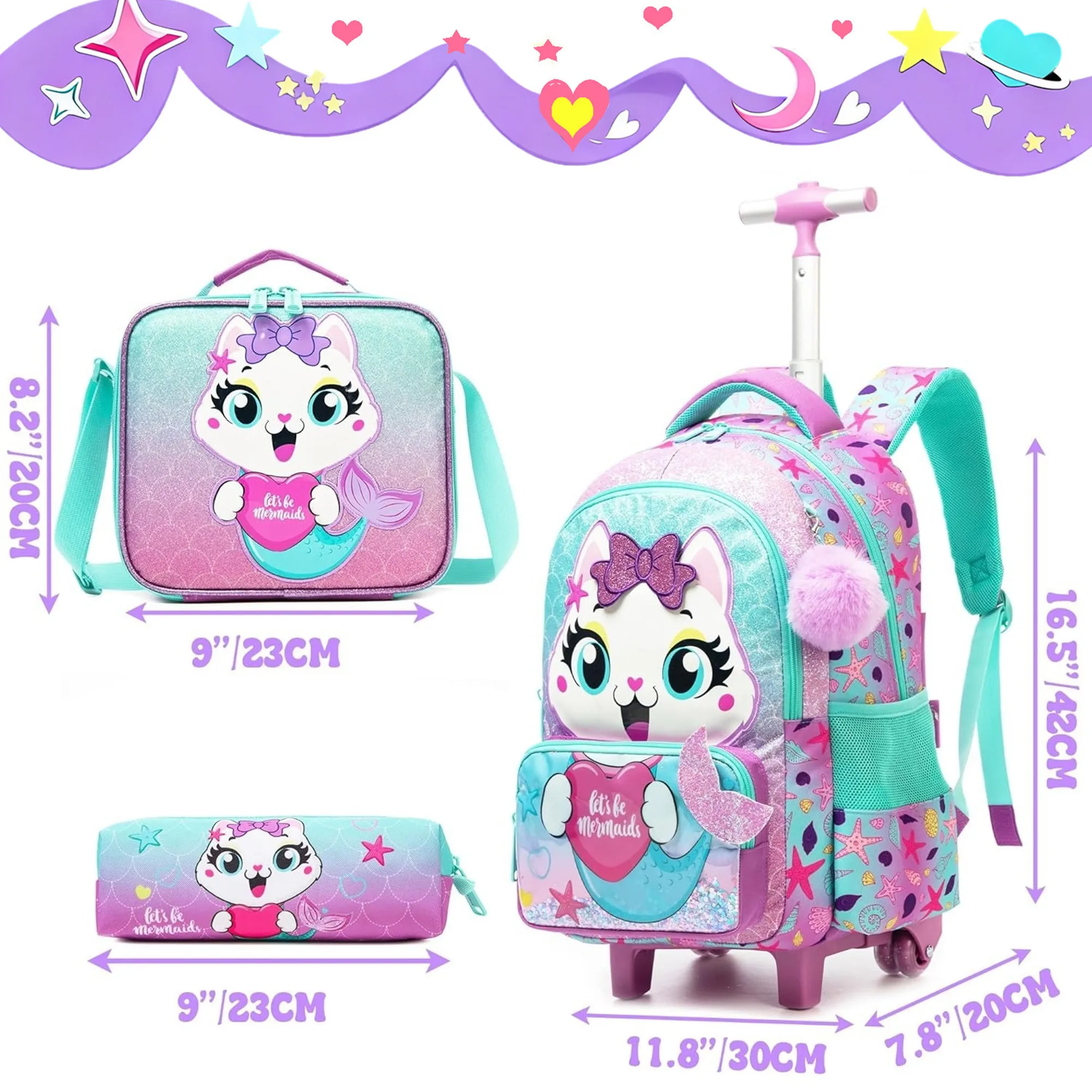 Rolling Backpack for Girls Kids Travel Suitcase with Wheels Cute Animal Carry on Luggage for Elementary Student Kids Trolley Bag