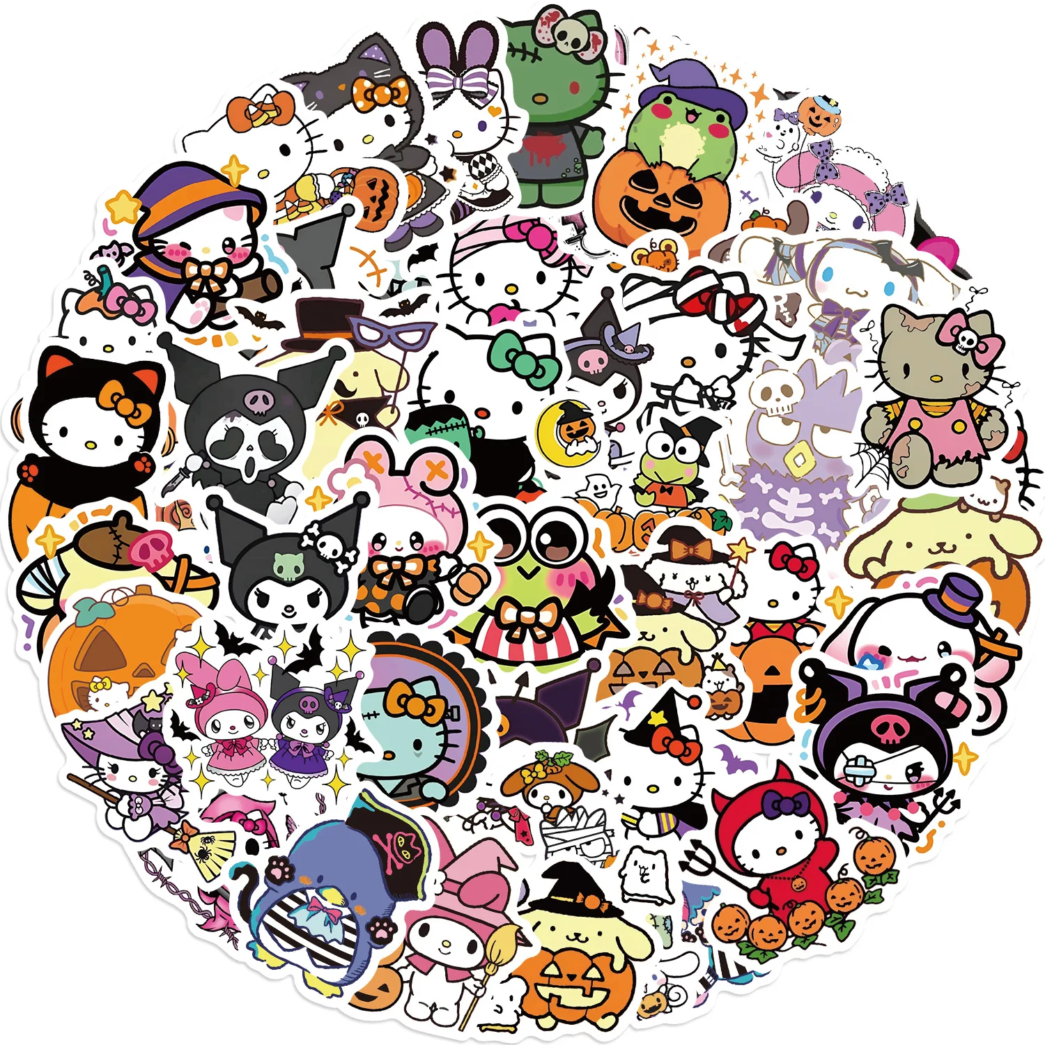 Cute Halloween Sanrio Adesivos para Crianças, Desenhos animados Adesivos, Bagagem Decal, Laptop Suitcase Toy, Kuromi Melody Cinnamoroll, Novo, 10 Pcs, 50Pcs