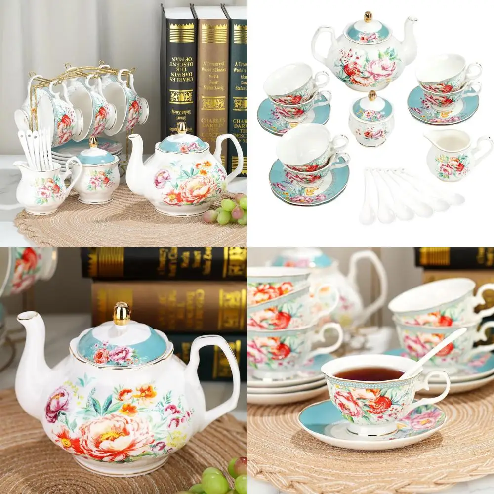 

Vintage 21-Piece Green Floral Porcelain Tea Set, Ceramic Tea Cups and Saucers for 6, Elegant Teapot Set for Women's Gatherings
