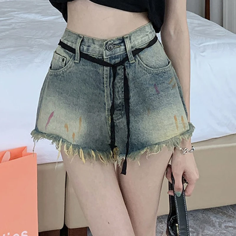 Old vintage ruffled jeans, women's spicy girls thin straight leg shorts, summer high waisted  slim wide leg A-line pants