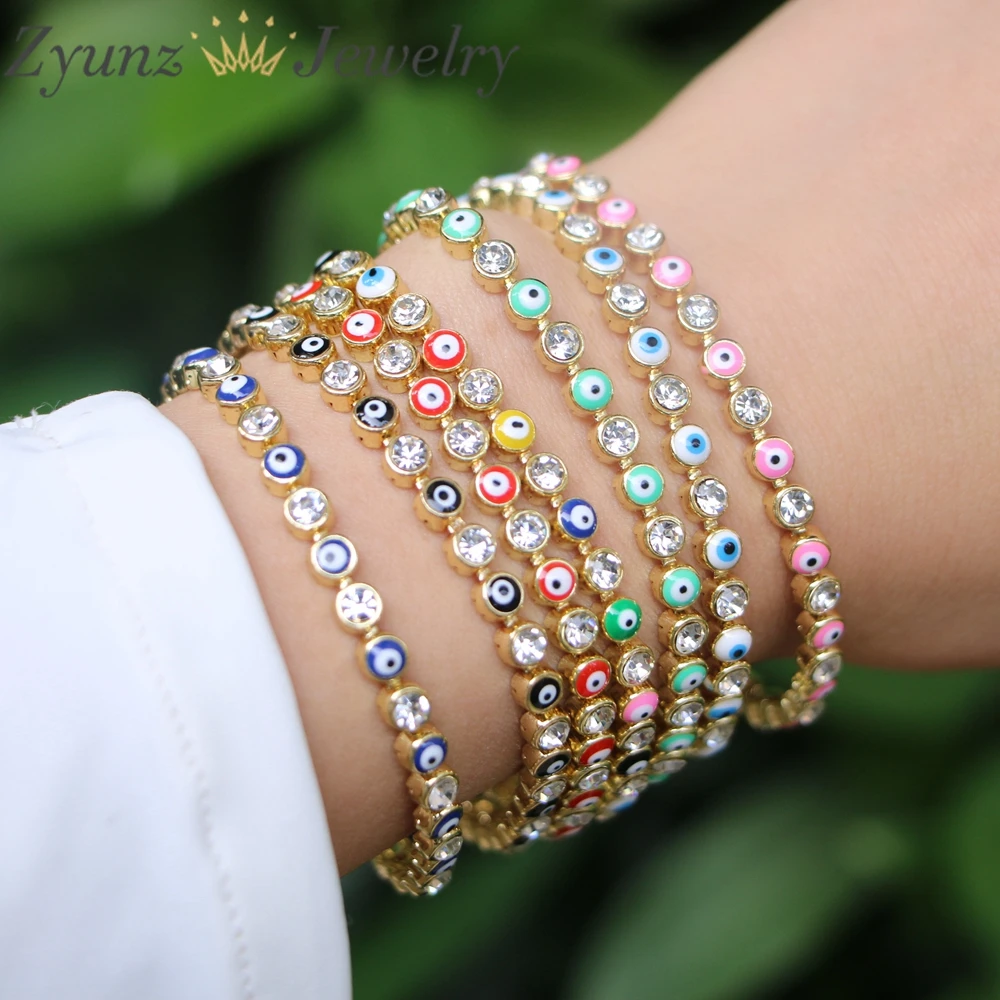 

10PCS, Gold Color Enamel Tennis Turkey Eye Bracelet Lucky Bracelets Rainbow Jewelry Pulseras Mujer Copper Jewelry Bijoux Femme