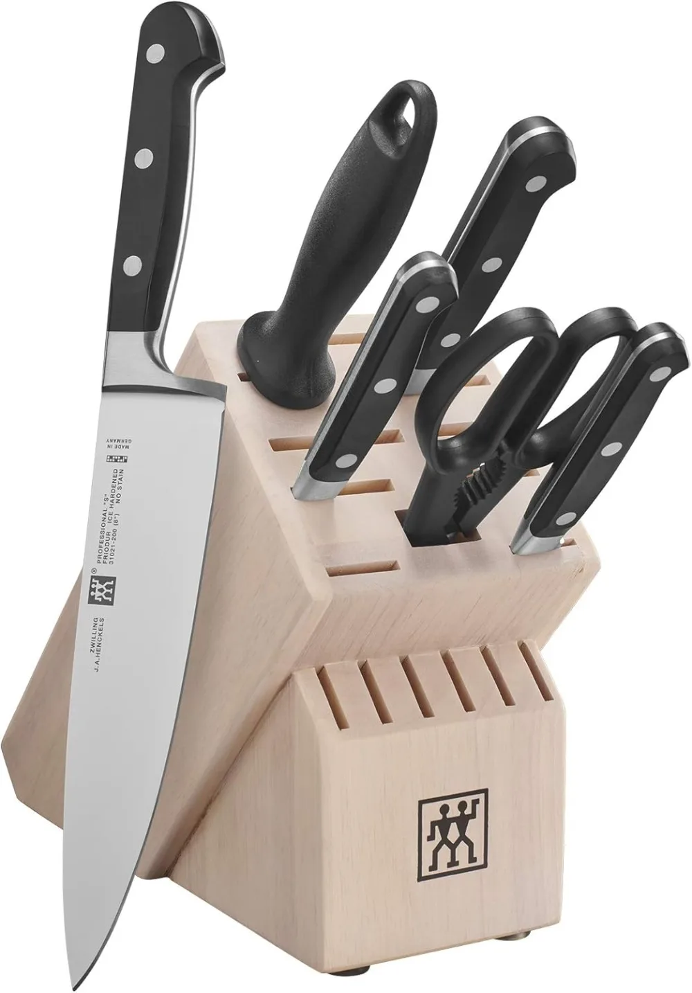 Professional S 7-Piece Razor-Sharp German Block Knife Set With Solid White Rubberwood Block, Made in Company-Owned German