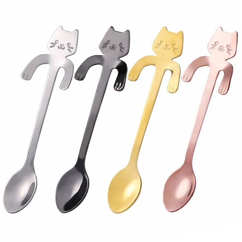 4pcs Stainless Steel Cute Cat Spoons Coffee Tea Ice Cream Teaspoons Spoon Dessert Snack Scoops Home Flatware Kitchen Accessories