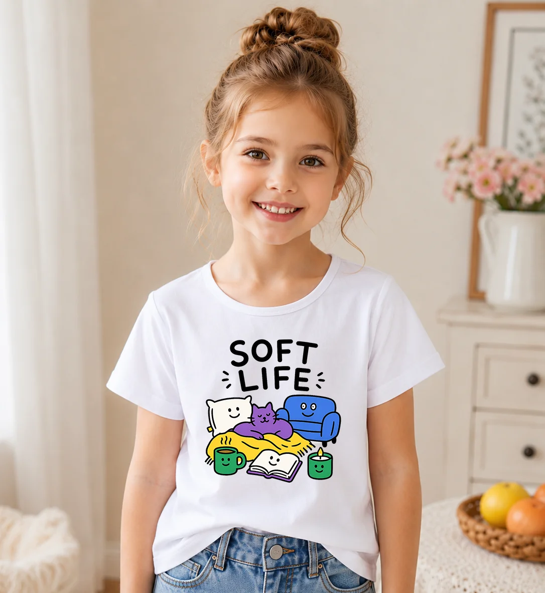 Little Girls White Short Sleeve T Shirt Soft Life Funny Sofa Pillow Cat Cartoon Print Summer Daily Wear Kids Cotton Tees