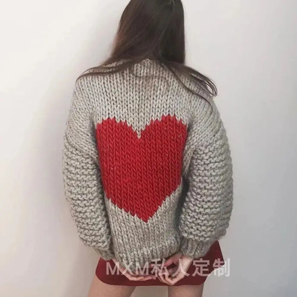 Women\'s Hand Woven Thick Stick Needle Back Heart Shaped Pattern Small Short Cardigan Sweater, 100% Pure Wool Jacket