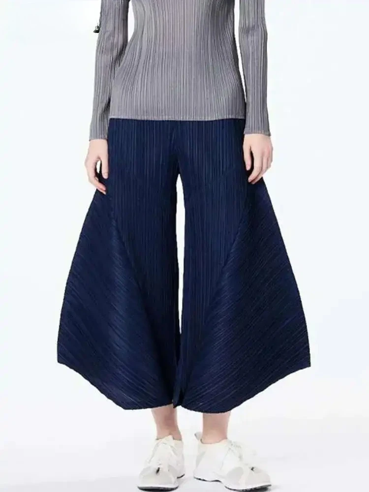 

Miyake Summer New 2025 Women's Pants Pleated Wide Leg Pants Elastic Waist Solid Colour Casual Peplum Loose Elastic Waist