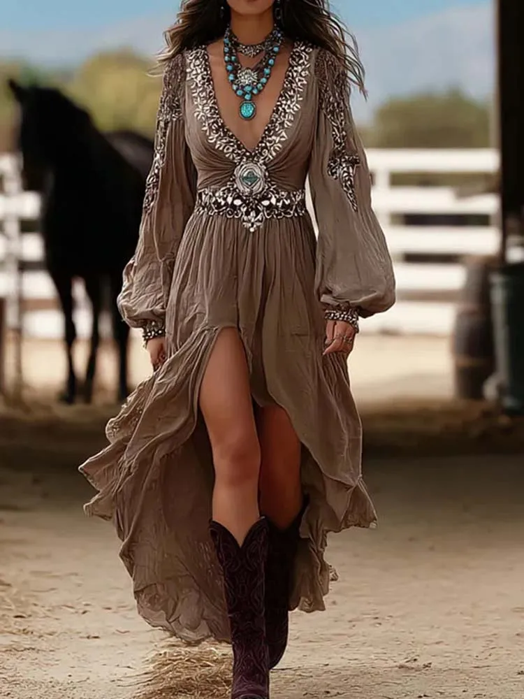 Seksowna sukienka damska z dekoltem w serek, plisowana, długa, w stylu retro, etniczna, o kroju litery A, z rękawami typu lampion, sukienka imprezowa, nowa sukienka imprezowa w stylu boho z nieregularnym wzorem.