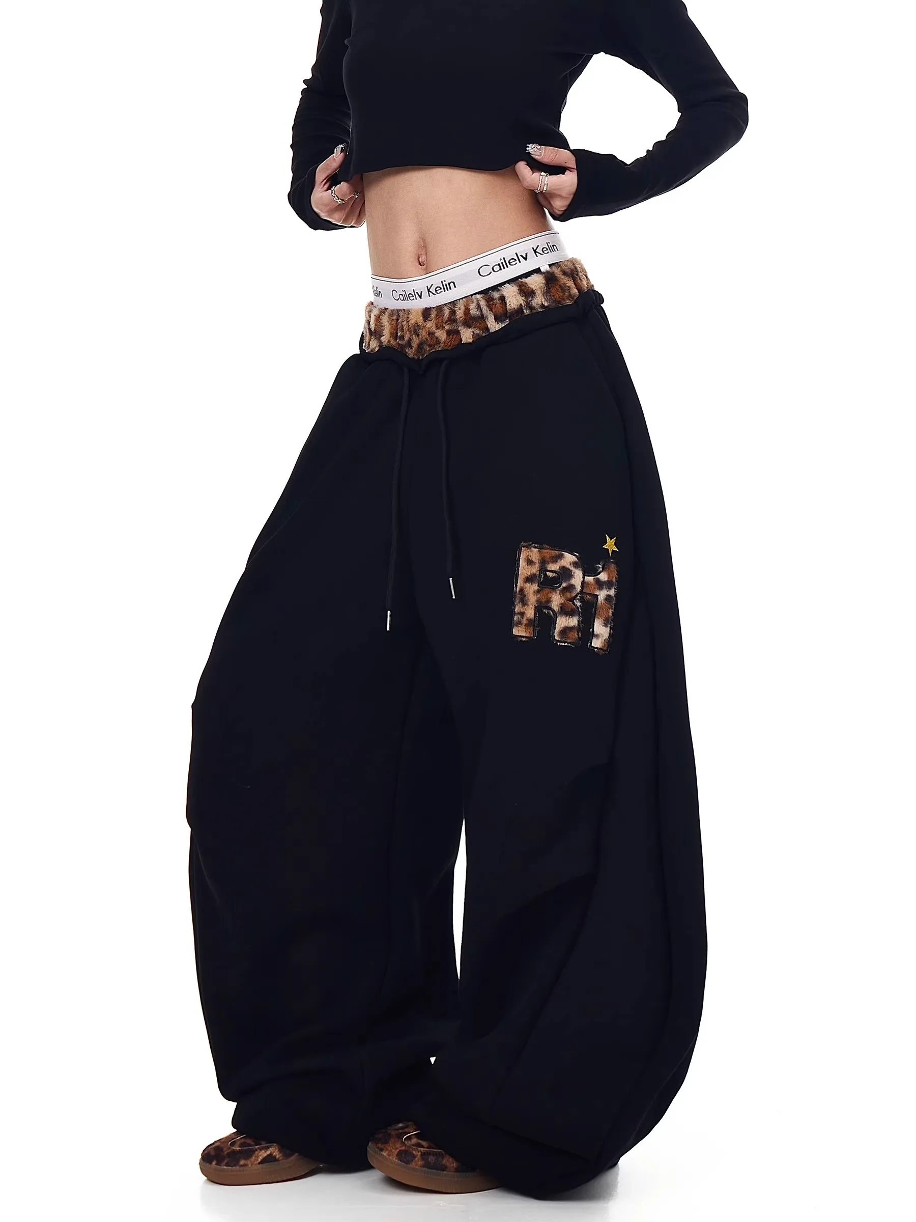 Retro American Plush Leopard Print Embroidery Wide Leg Pants Women's Trendy Loose Jazz Dance Sports Casual Trousers