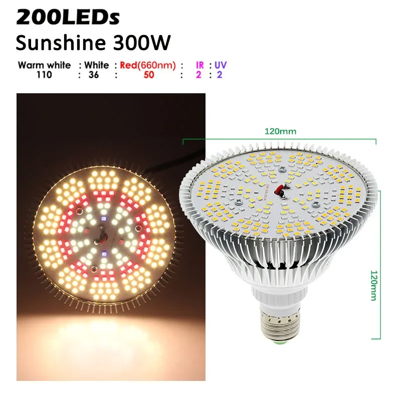 หลอดไฟ LED 300W สำหรับโรงงาน E27พลังงานจากแสงอาทิตย์วง Par38เต็มสเปกตรัมสำหรับปลูกพืชหลอดไฟ LED เต็มสเปกตรัม