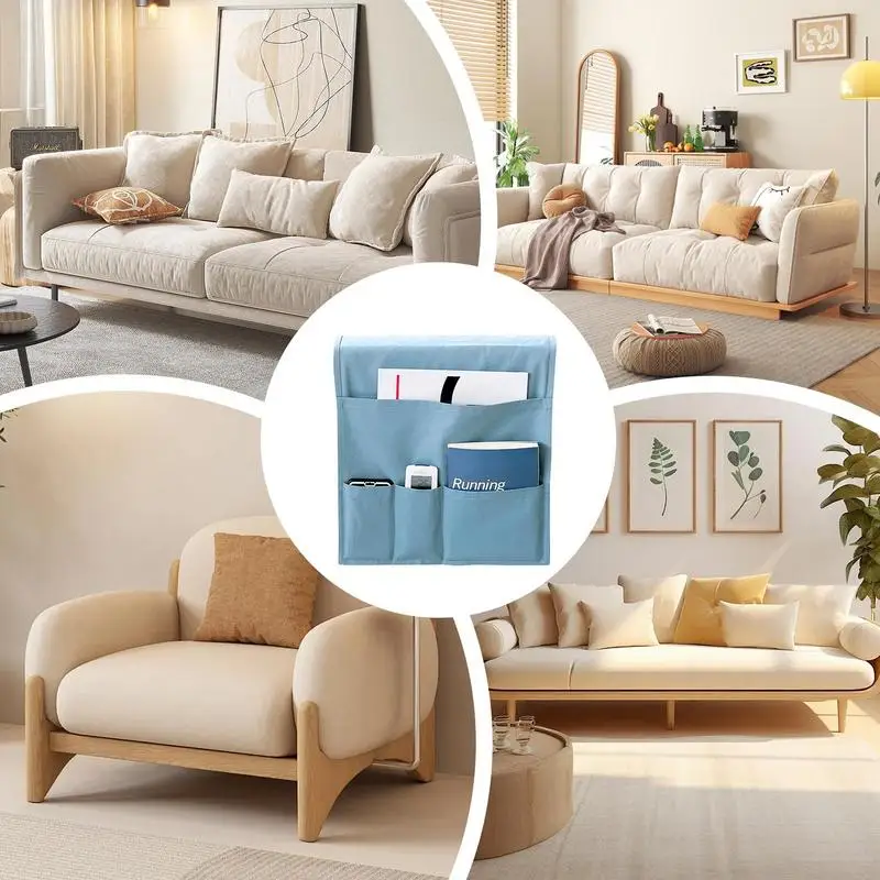 Armrest Organizer Couch Remote Control Holder Non-Slip Canvas Arm Chair Caddies With 5 Pockets For Sofa Armrest Storage Living