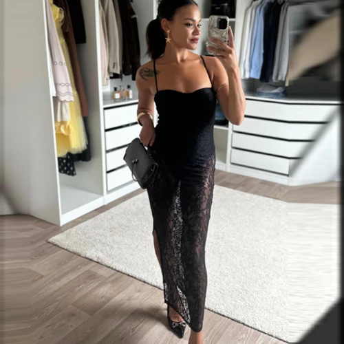 Imagen 2 del producto HXAO Vestido de encaje para mujer, vestidos largos de fiesta sin mangas, corsé de tul, vestido negro sin espalda, vestidos elegantes sexis semitransparentes