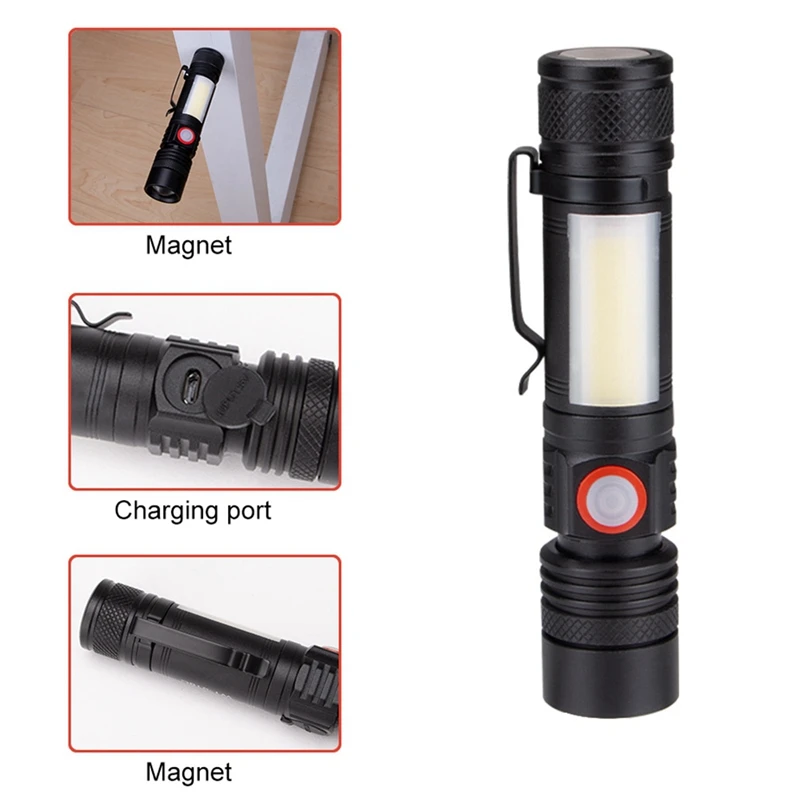 SEWS-LED Flashlight Waterproof Flashlight Magnetic Torch Zoom T6+COB Flashlight With A Clip Portable Hand Light 18650 Battery