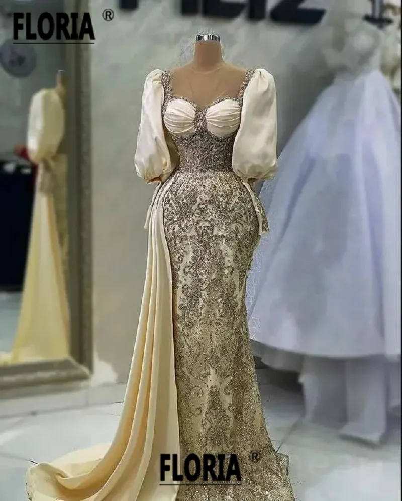 Luxury Dubai Beadings Champagne Evening Party Gowns Lantern Sleeves Sequins Long Prom Dresses sukienki koktajlowe Robe de Soiree