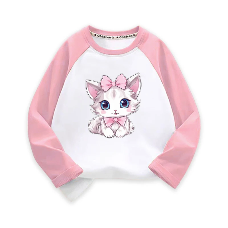 Cute Girls T-shirt 100% Cotton Patchwork Cartoon Cat Long Sleeve Casual Autumn Baby Kids T Shirt Tops Teenage 6 8 10 12 Years