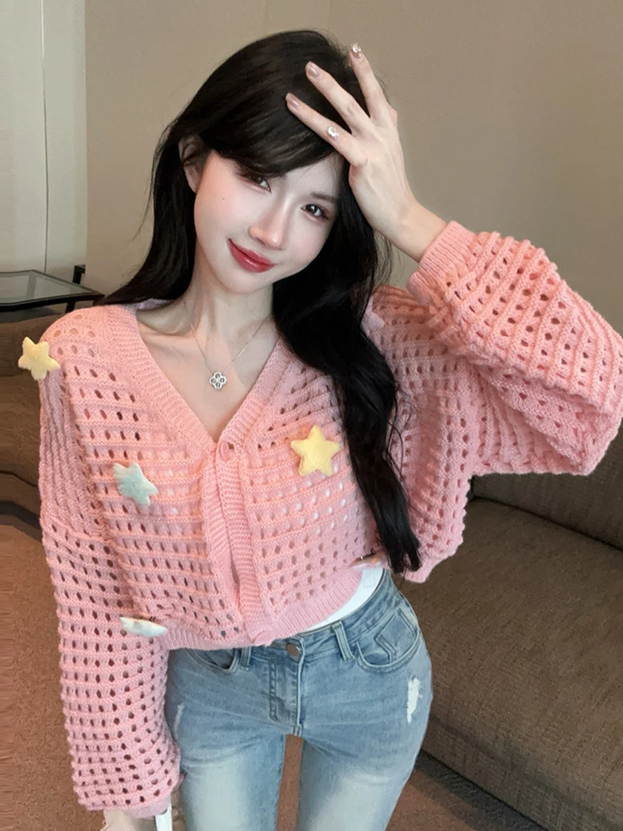 

Милый ажурный трикотаж со звездами, свободный крой, открытый кардиган ort Sle, универсальный повседневный сладкий атмосферный дизайн, молодежное ощущение