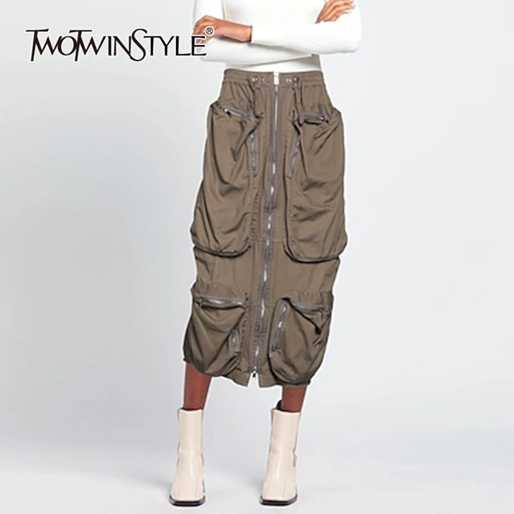 TWOTWINSTYLE Colorblock Patchwork Casual Pockets Skirt For Women High Waist Spliced Zipper Loose Skirt Female Fashion Style New