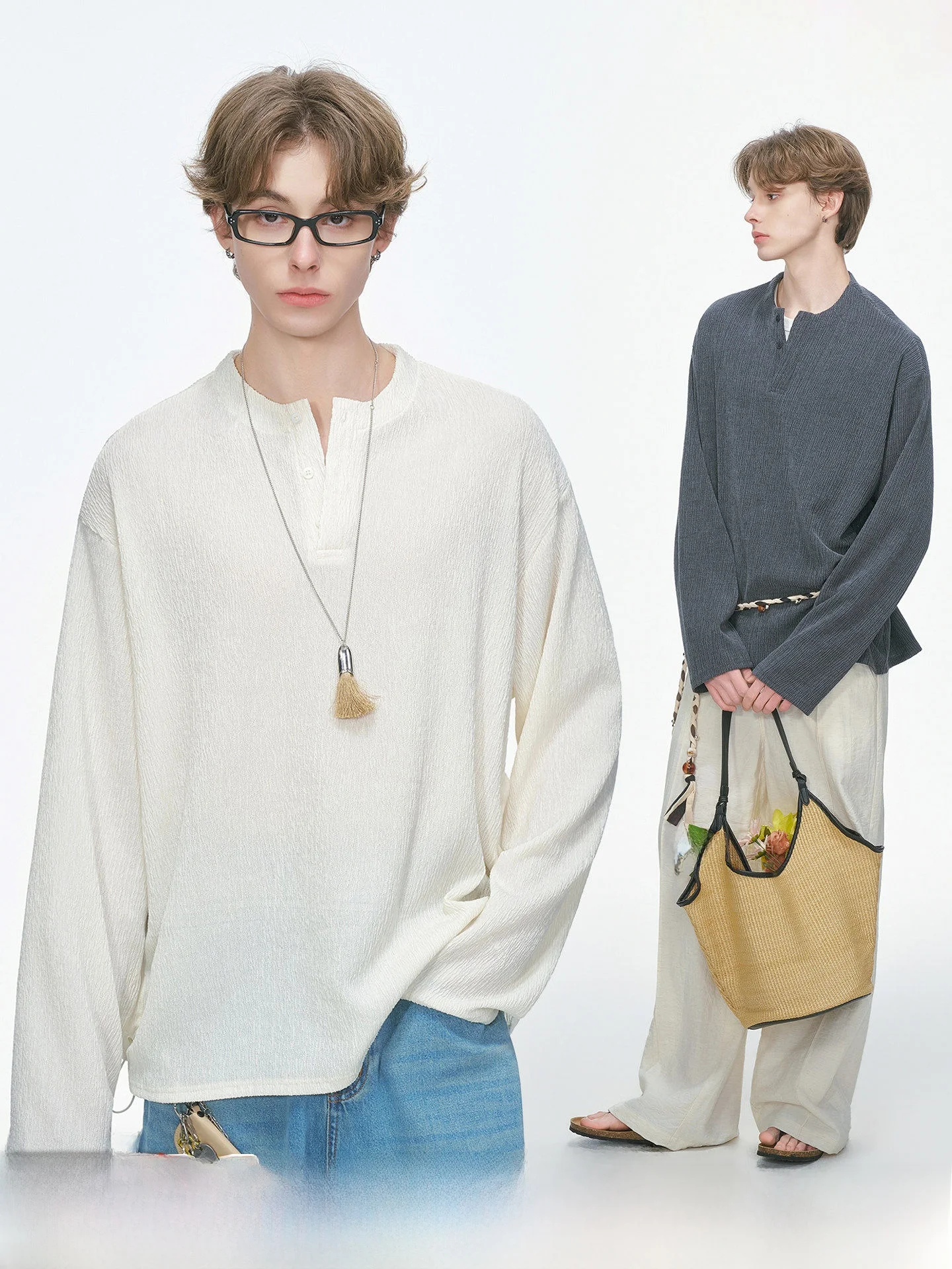 Long Sleeve Henry Collar T-Shirt Men's Base Layer Shirt Inner Wear Spring Autumn Dream Made Vintage Branch Texture Men's Top