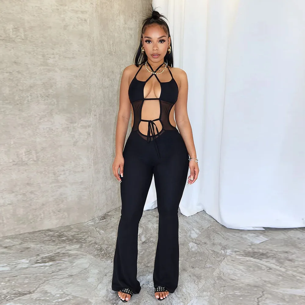 

Women Sexy Sheer Mesh Patchwork Slim Flare Jumpsuit Hollow Out Lace Up Halter Backless Casual Streetwear Rompers Club Overalls