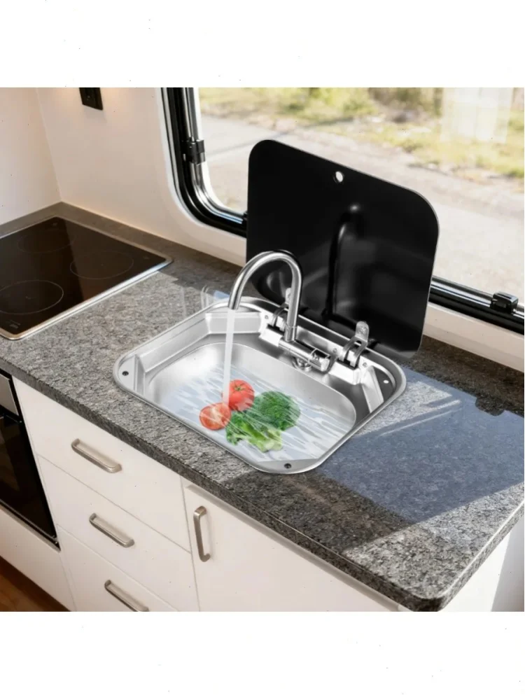 Wohnmobil-Spüle, Küchenspüle, Edelstahl-Waschbecken, Gehärteter Glasdeckel, Armaturenset, Platzsparend, Multifunktional, für Campingbus, Wohnmobil, Badezimmer, Arbeitsplattenmontage, Langlebig,