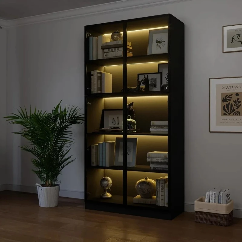 Display Cabinet with 4 Glass Doors, 5 -Tier Storage Cabinet with LED Lights, 78.7
