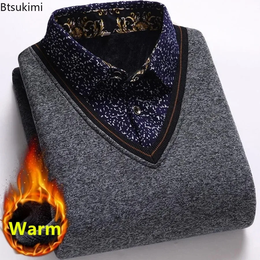 New 2024 Autumn Winter Warm Sweater Men Fake Two Thicken Knit Tops Male Basic Sweater Casual Business Pullover Shirt Jumper Male