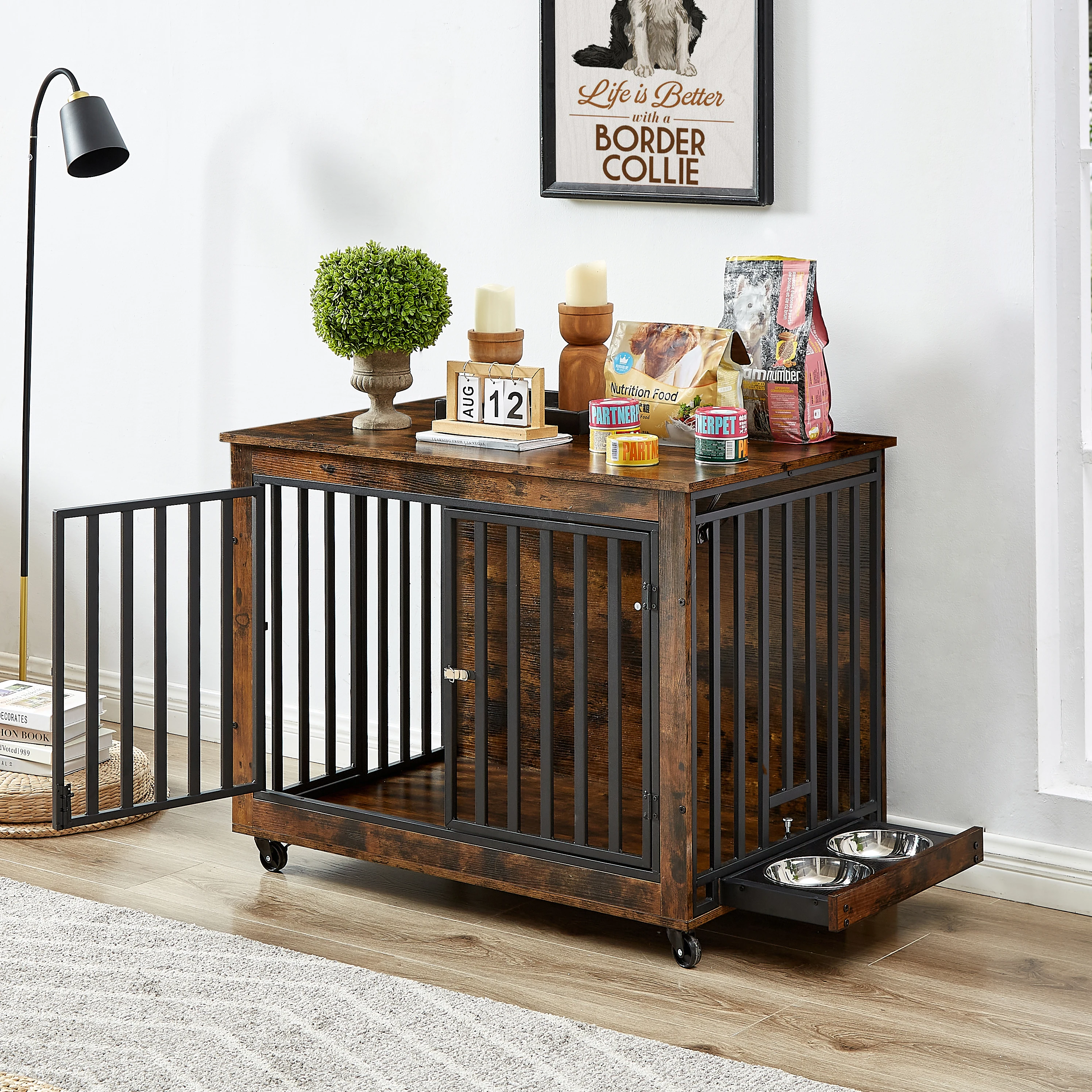 

Dog Crate Side Table With Feeding Bowl Wheels Three Doors Flip-Up Top Opening Indoor Rustic Brown 38.58"W x 25.2"D x 27.17"H