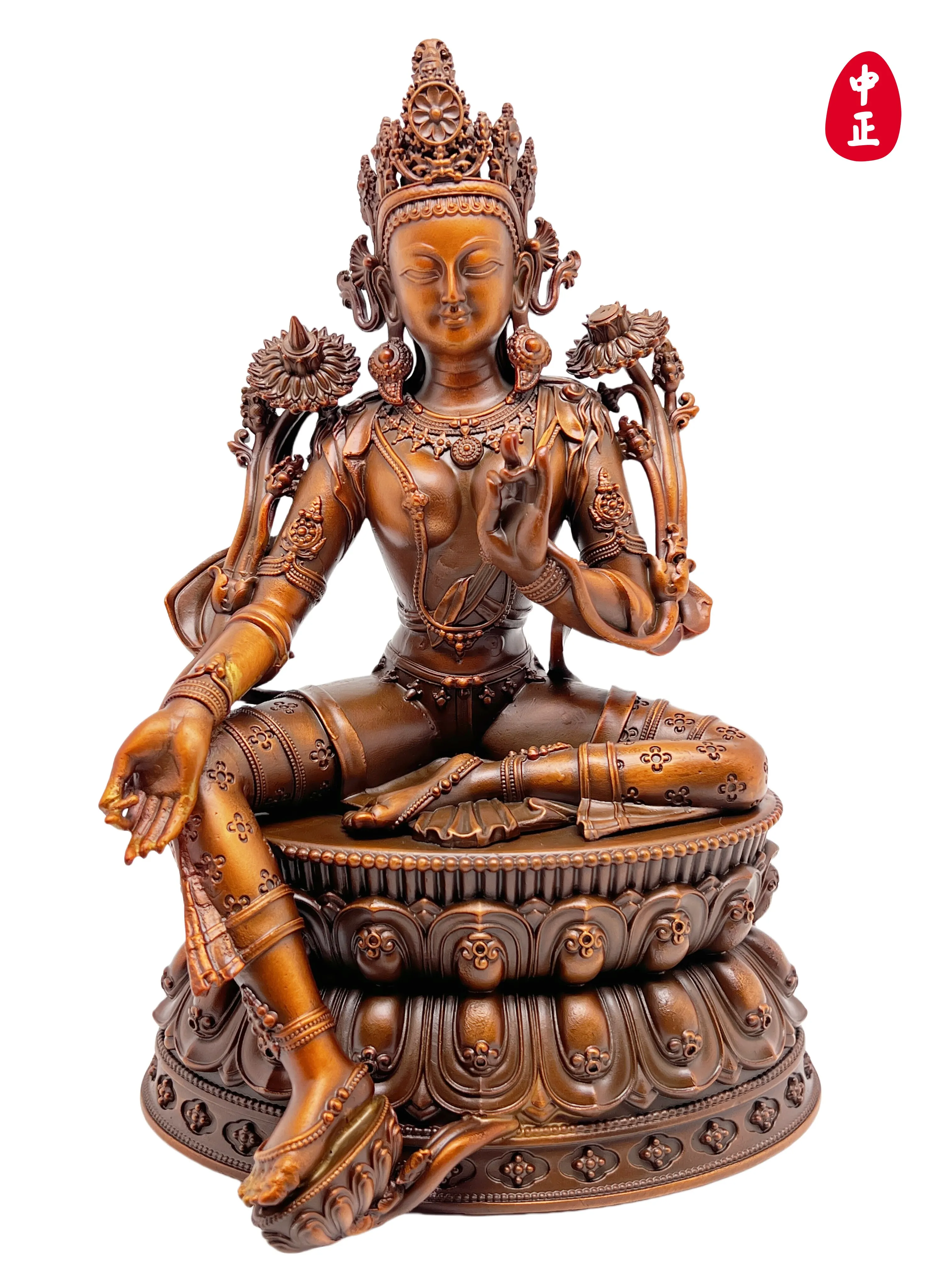Green Tara 21cm Snowbank White Style Chinese Formal Statue Red Copper Material Support Customized Crafts Sculpture Ornament