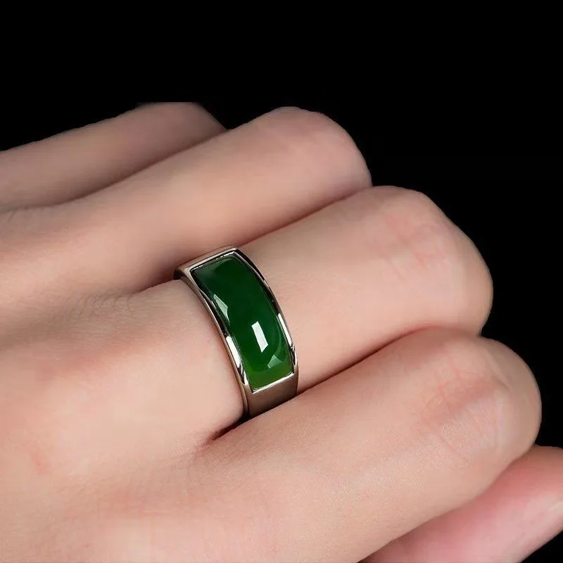 2026 Real Green Natural Hetian Jade Ring 925 Sterling Silver Ring Couple Rings Men Women Jewelry Lucky Stone Jade Finger Ring