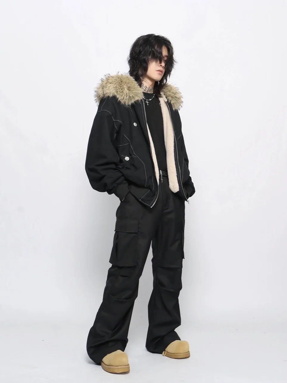 American Retro High Street High-End Feel Fur Collar Fleece-Lined Thickened Hooded Jacket Loose Casual Jacket Cotton Coat  Men