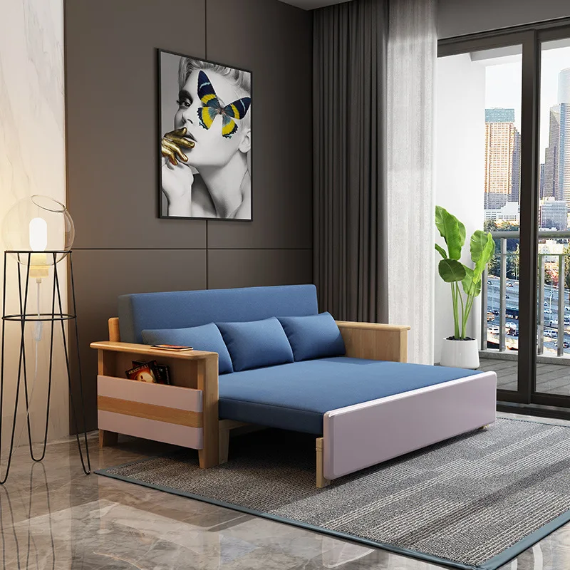 Solid wood sofa bed foldable dual-purpose living room multi-functional small apartment sitting single bed retractable